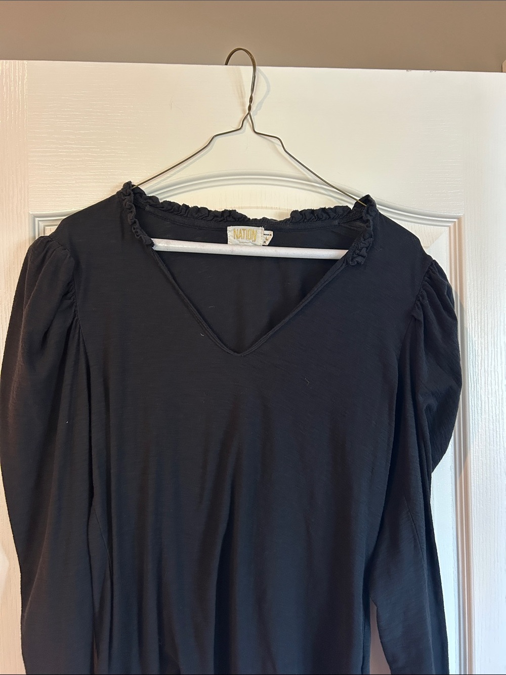 Nation Los Angeles Black V-Neck Long Sleeve Top with Ruffle Trim